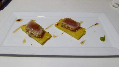 Fresh marlin cured and seared on polenta baked