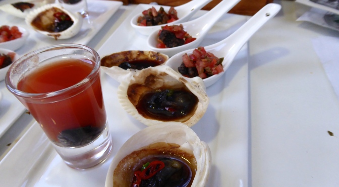 Oysters Three Ways - Bloody Mary Oyster Shot, Grilled Oysters with Mirin, Soy & Chilli, Salt & Pepper Oysters with Caper & Tomato Salsa.